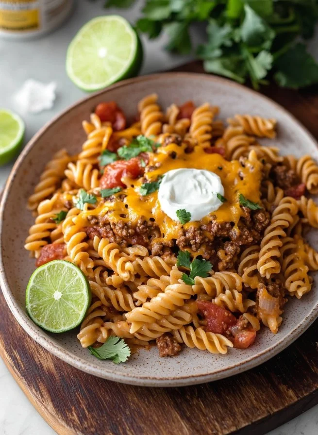One pan high protein taco pasta ready for a quick dinner