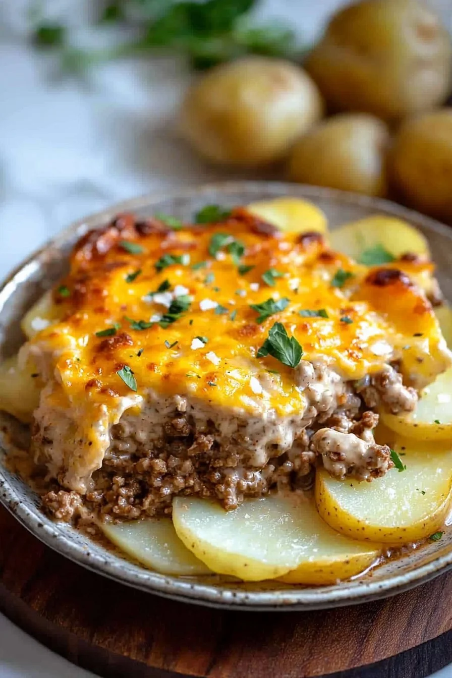 Delicious hobo casserole with ground beef and potatoes in a baking dish.