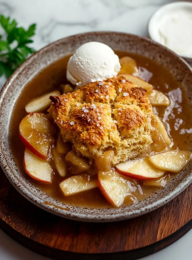 Delicious homemade apple cobbler with golden biscuit topping served in a rustic dish