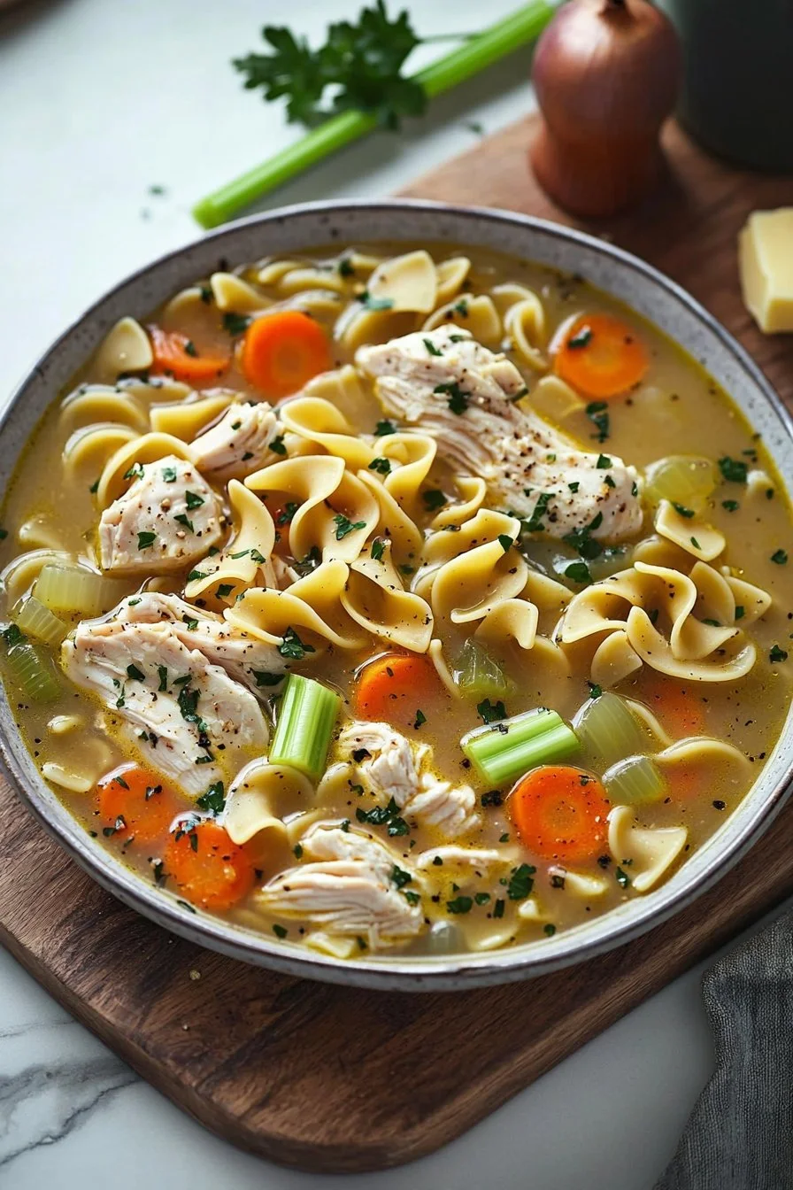 Bowl of homemade chicken noodle soup with tender chicken and egg noodles