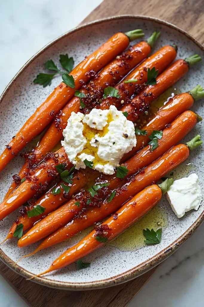 Plate of honey carrots drizzled with whipped feta cheese