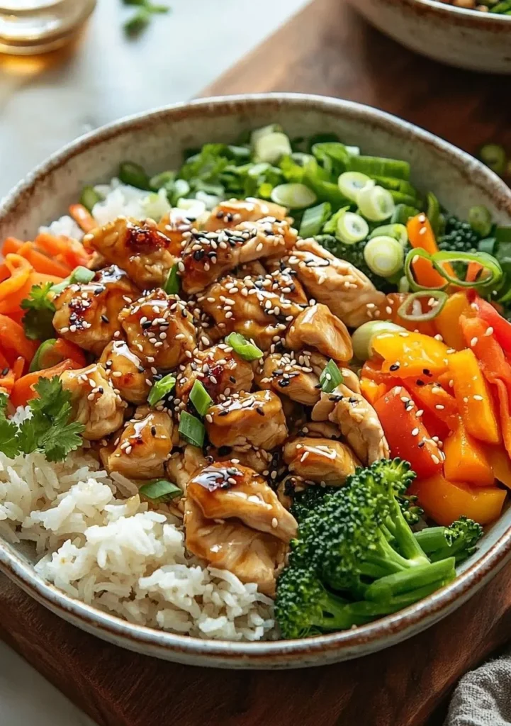 Delicious Honey Ginger Chicken Bowl garnished with fresh herbs and vegetables