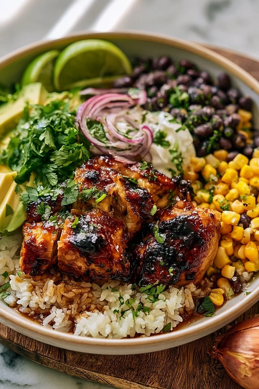 Honey Lime Chicken bowls with rice and black beans garnished with lime slices.