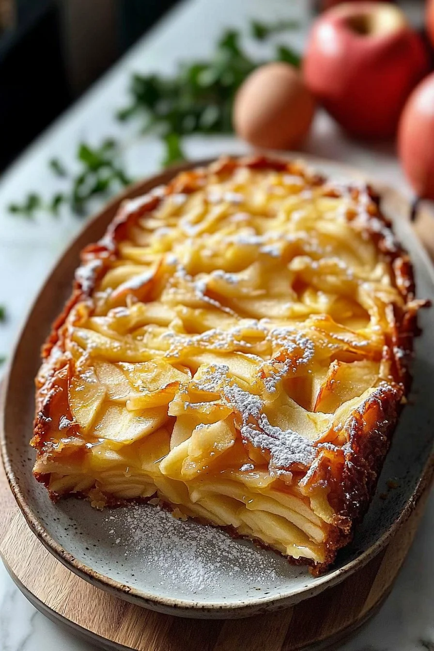 A delicious slice of Invisible Apple Cake showing its moist texture and apple pieces.