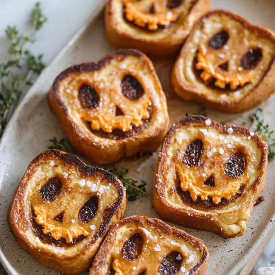 Jack-o-Lantern Stuffed French Toast decorated for Halloween
