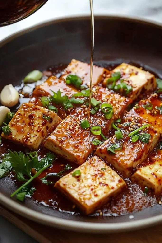 Delicious Korean braised tofu served with vegetables and spices