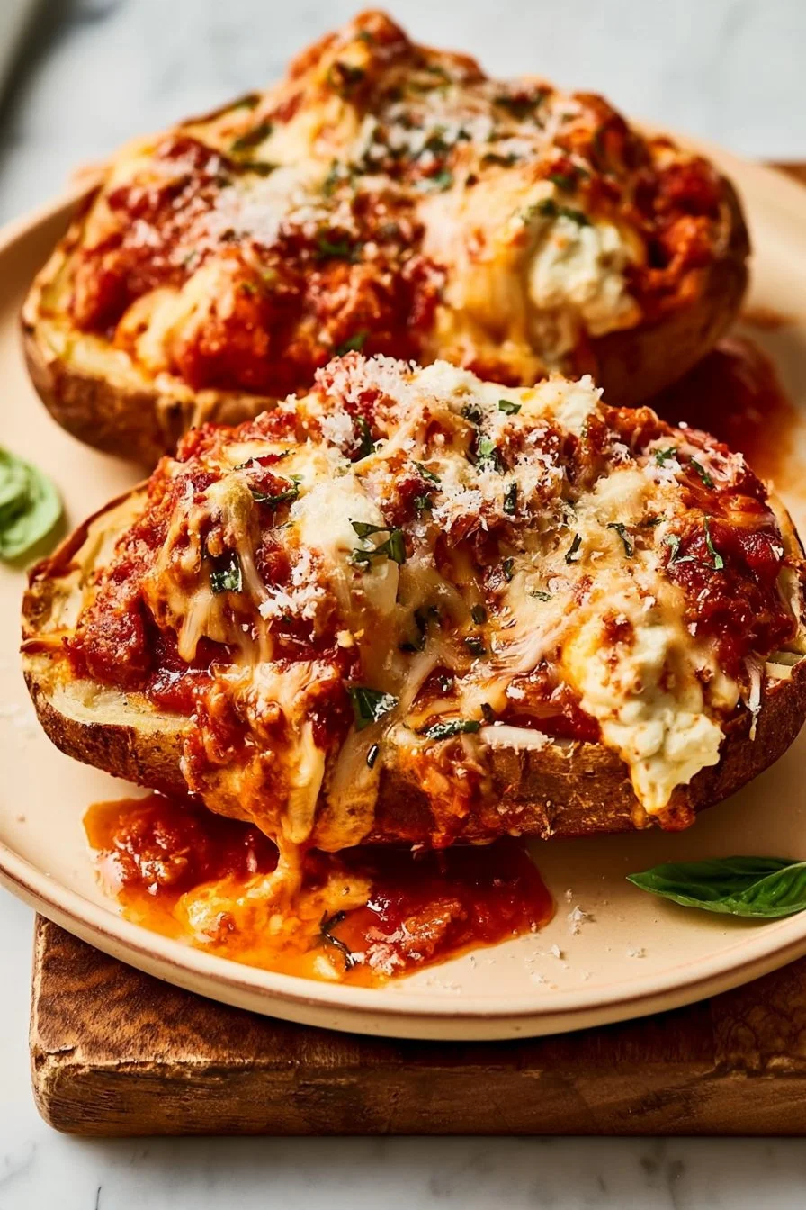Delicious lasagna stuffed baked potatoes with meat sauce and ricotta cheese