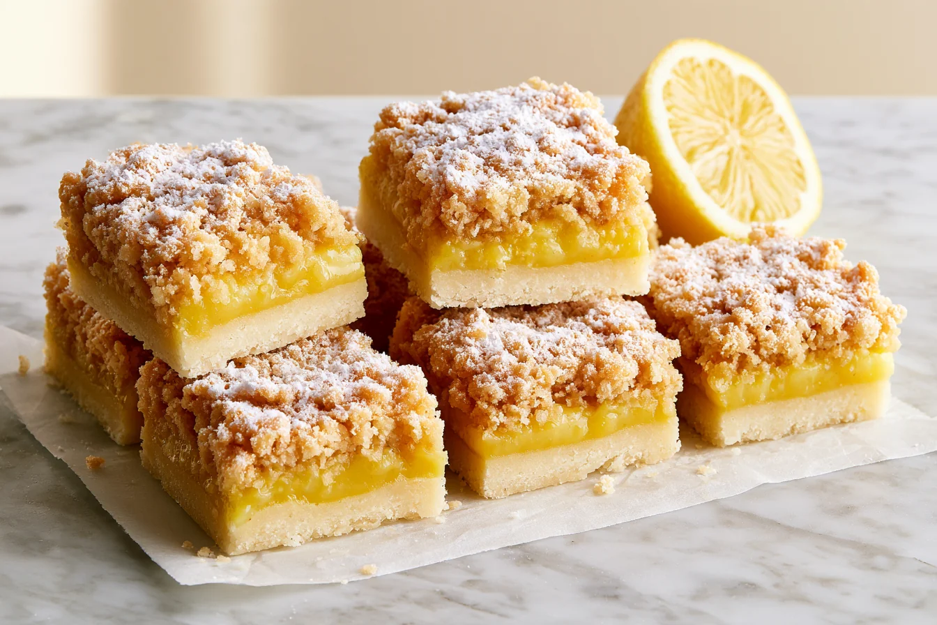 Lemon crumb bars cut into squares showing three layers, a shortbread base, a thick yellow lemon filling and a golden crumb topping
