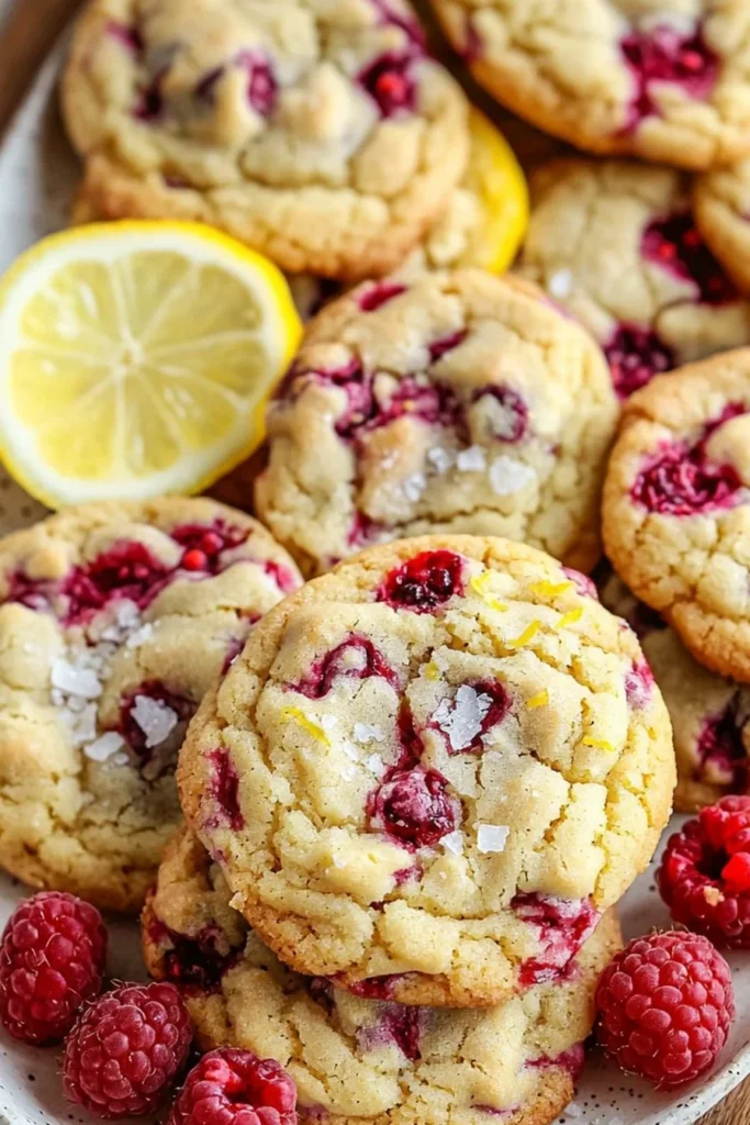 Soft and buttery Lemon Raspberry Cookies topped with fresh raspberries