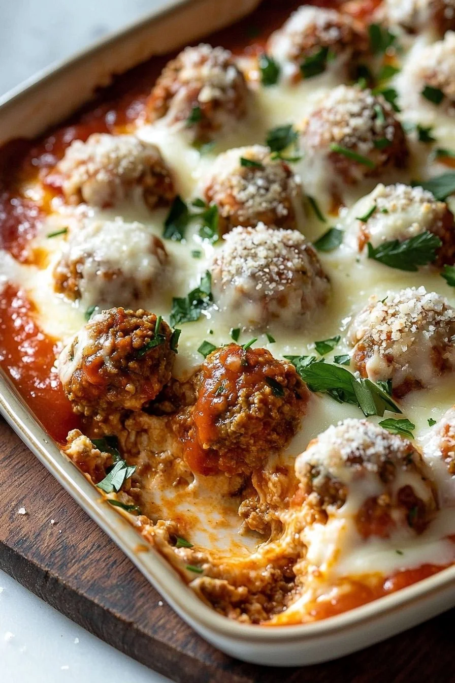 Delicious meatball casserole topped with melted cheese and herbs.