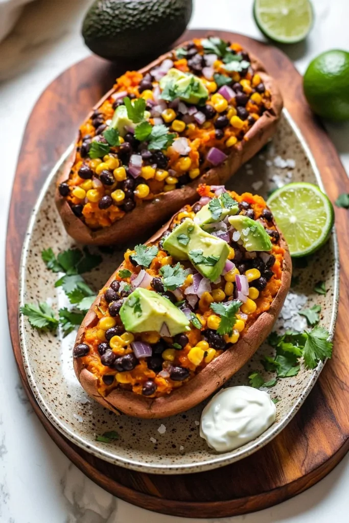 Mexican stuffed sweet potatoes with black beans and corn on a plate