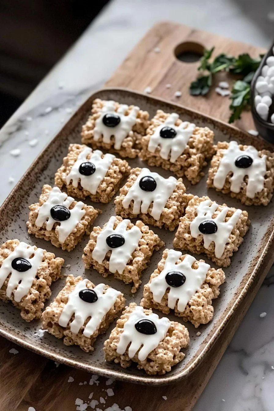 Yummy Mummy Rice Krispie Treats decorated for Halloween