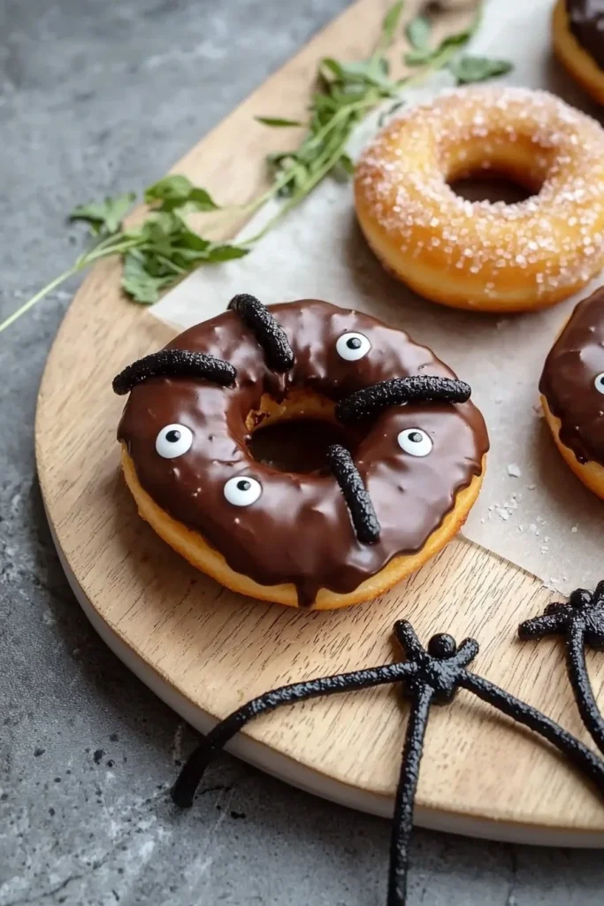 No-bake Halloween spider donuts decorated with chocolate and candy eyes