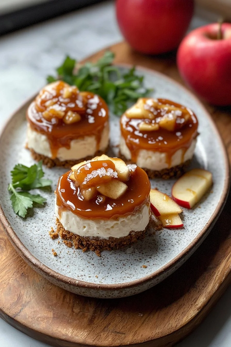 No bake mini apple pie cheesecakes drizzled with salted caramel