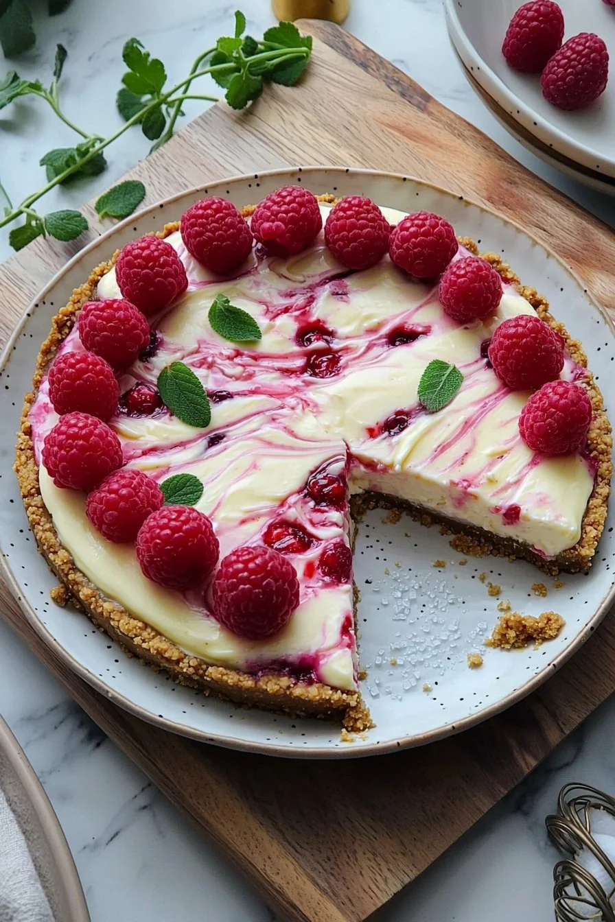 No Bake Raspberry Cheesecake topped with fresh raspberries on a dessert plate.