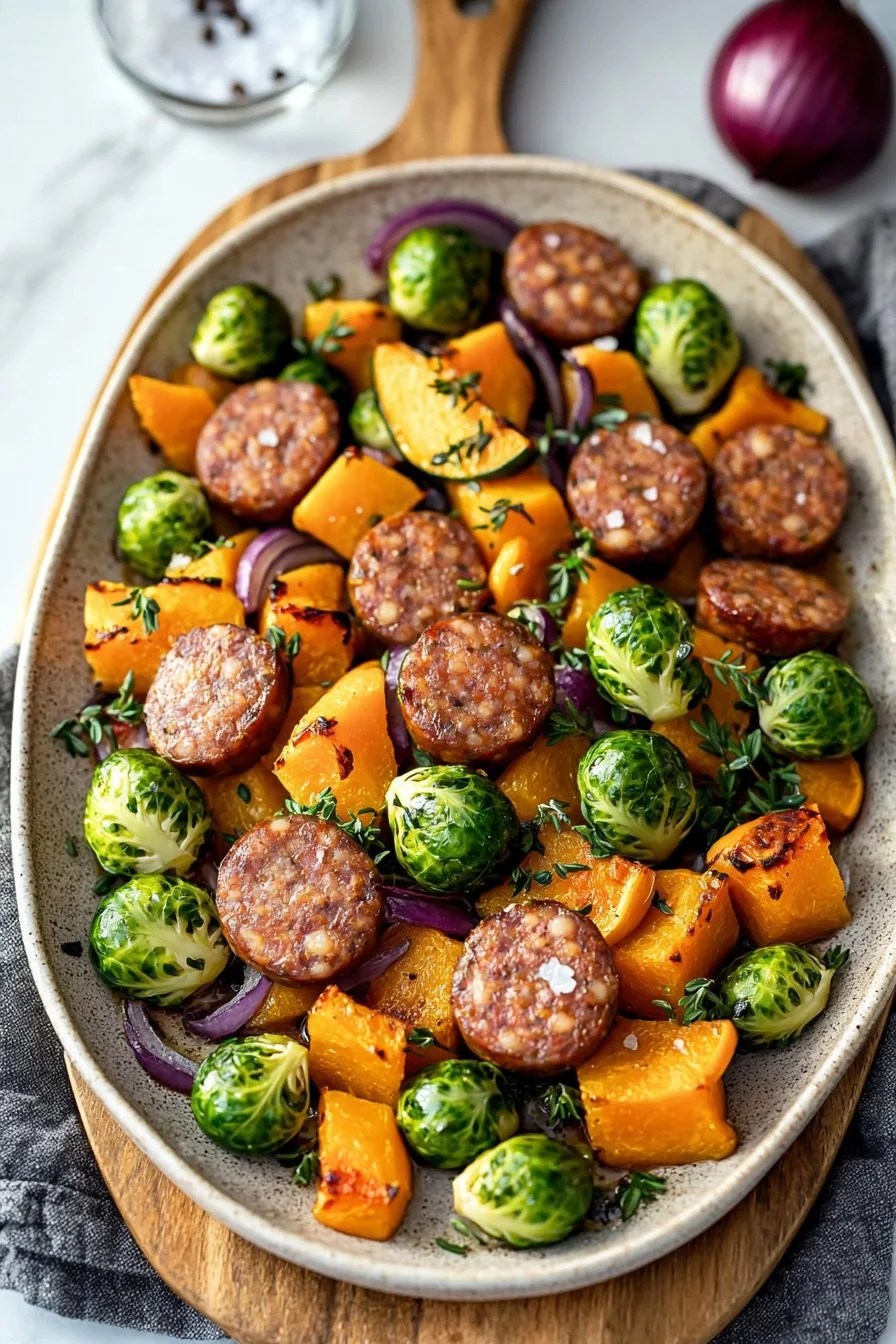 One Pan Sausage with Butternut Squash and Brussels Sprouts