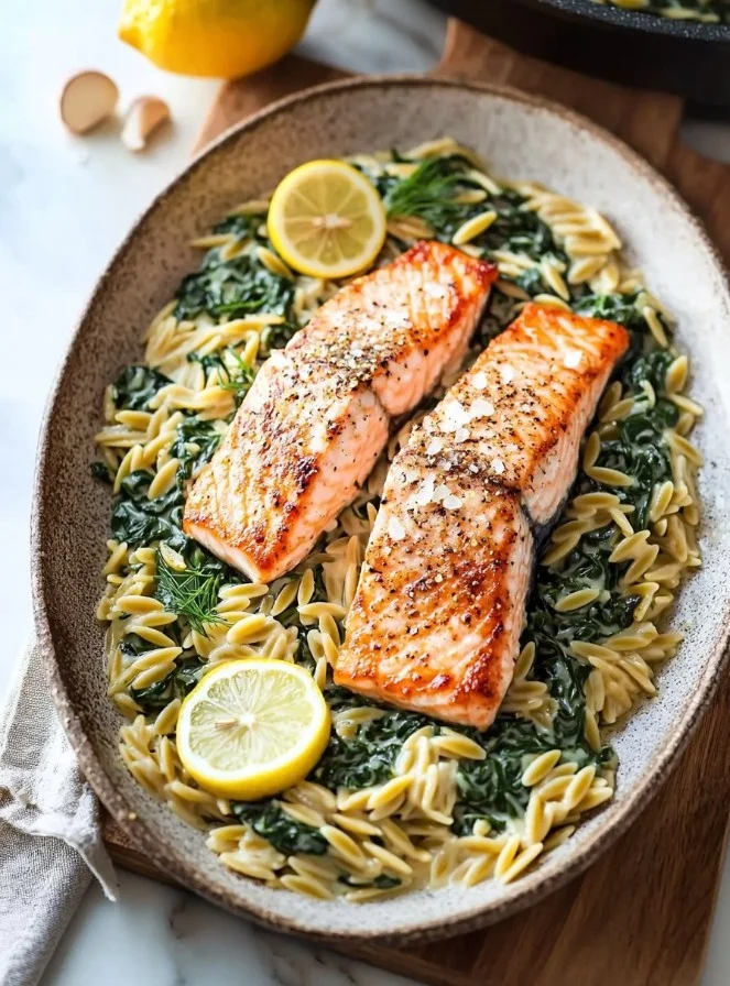 Plate of skillet salmon served with lemon orzo and spinach