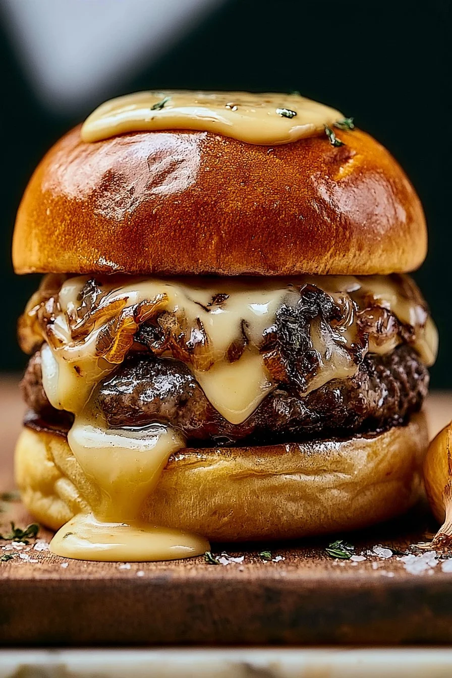 Parmesan Dipping Burger topped with caramelized onions and cheese sauce