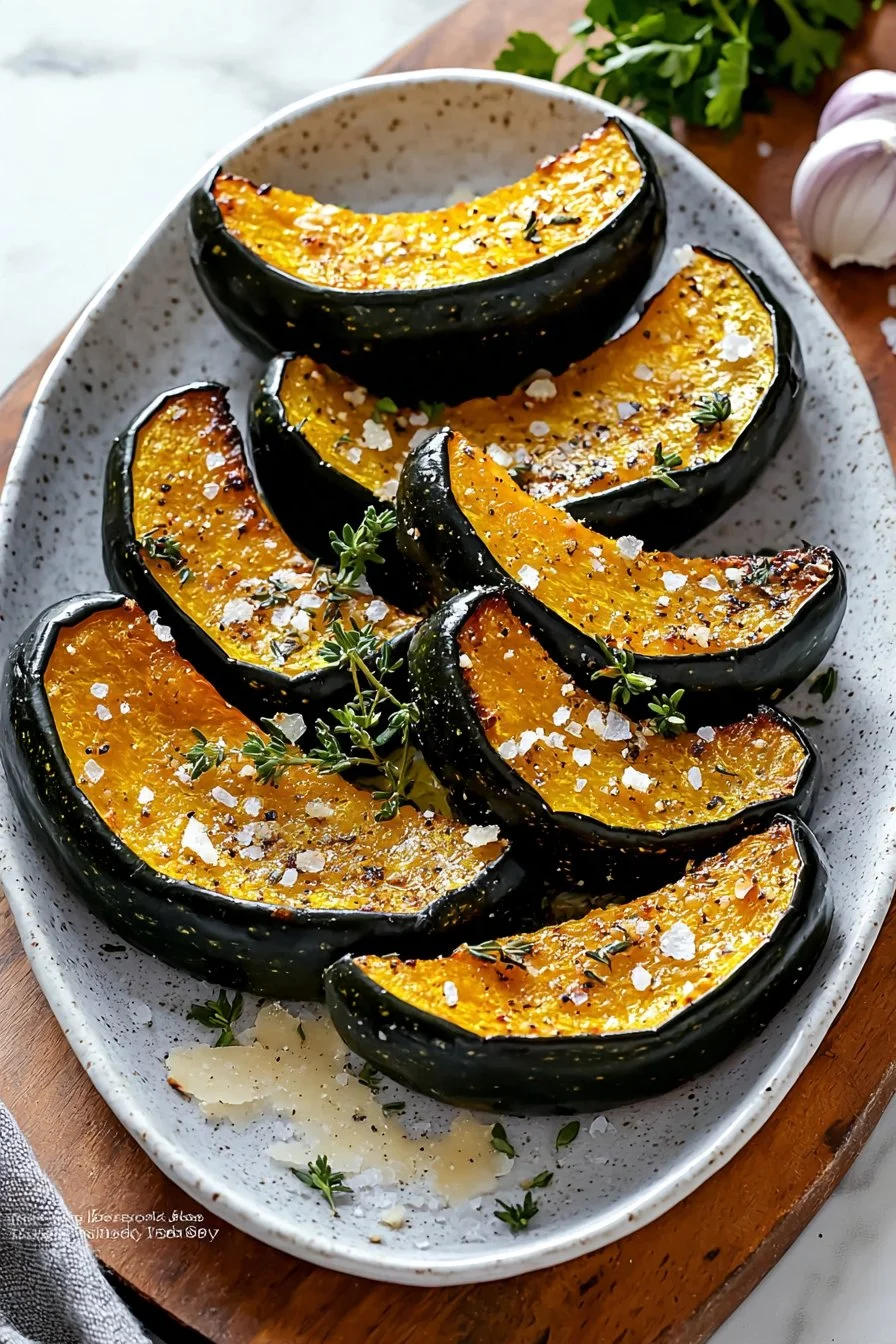 Parmesan Herb Roasted Acorn Squash cut into tender wedges on a plate