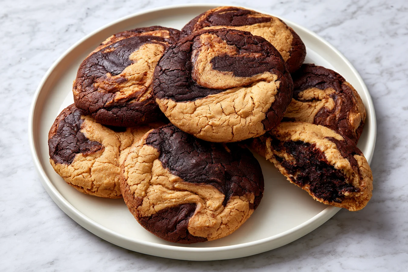 A plate of peanut butter brownie swirl cookies marbled in broad bands of pale peanut butter dough and dark chocolate brownie dough, one broken open