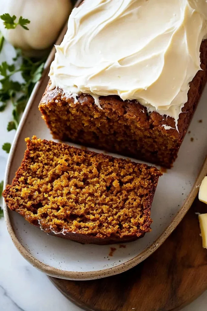 Delicious pumpkin bread slice with creamy cream cheese frosting on a plate