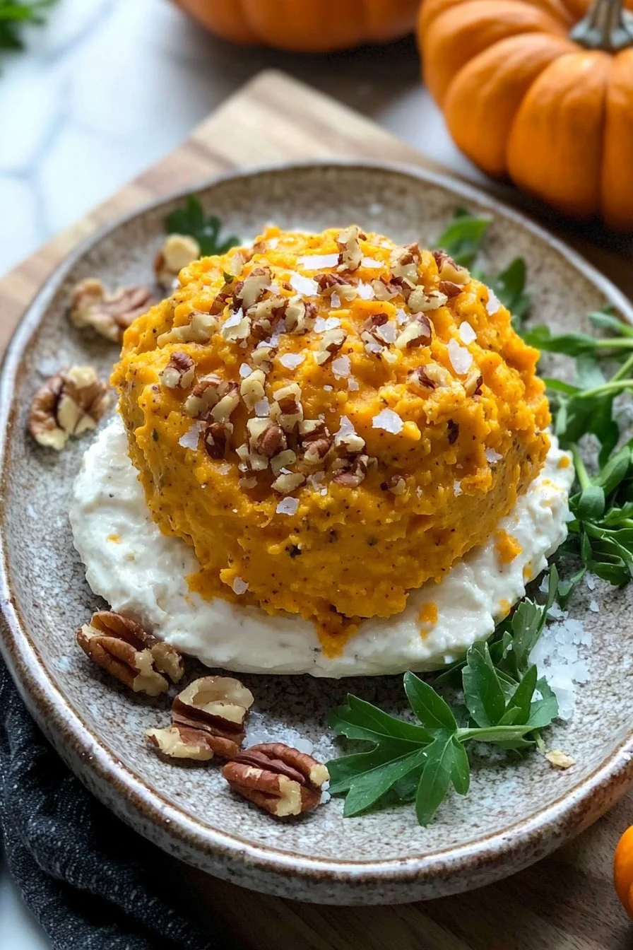 Delicious Pumpkin Cheese Ball appetizer decorated with herbs and spices