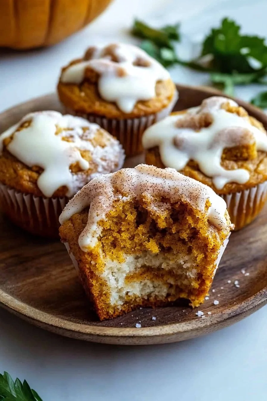 Freshly baked Pumpkin Cinnamon Roll Muffins with icing on top.