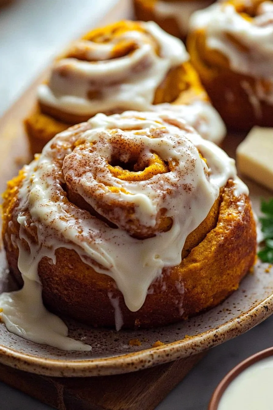 Pumpkin cinnamon rolls drizzled with cream cheese frosting on a plate