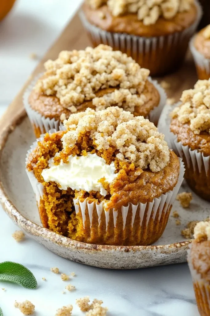Pumpkin cream cheese muffins with crumb topping on a rustic wooden table