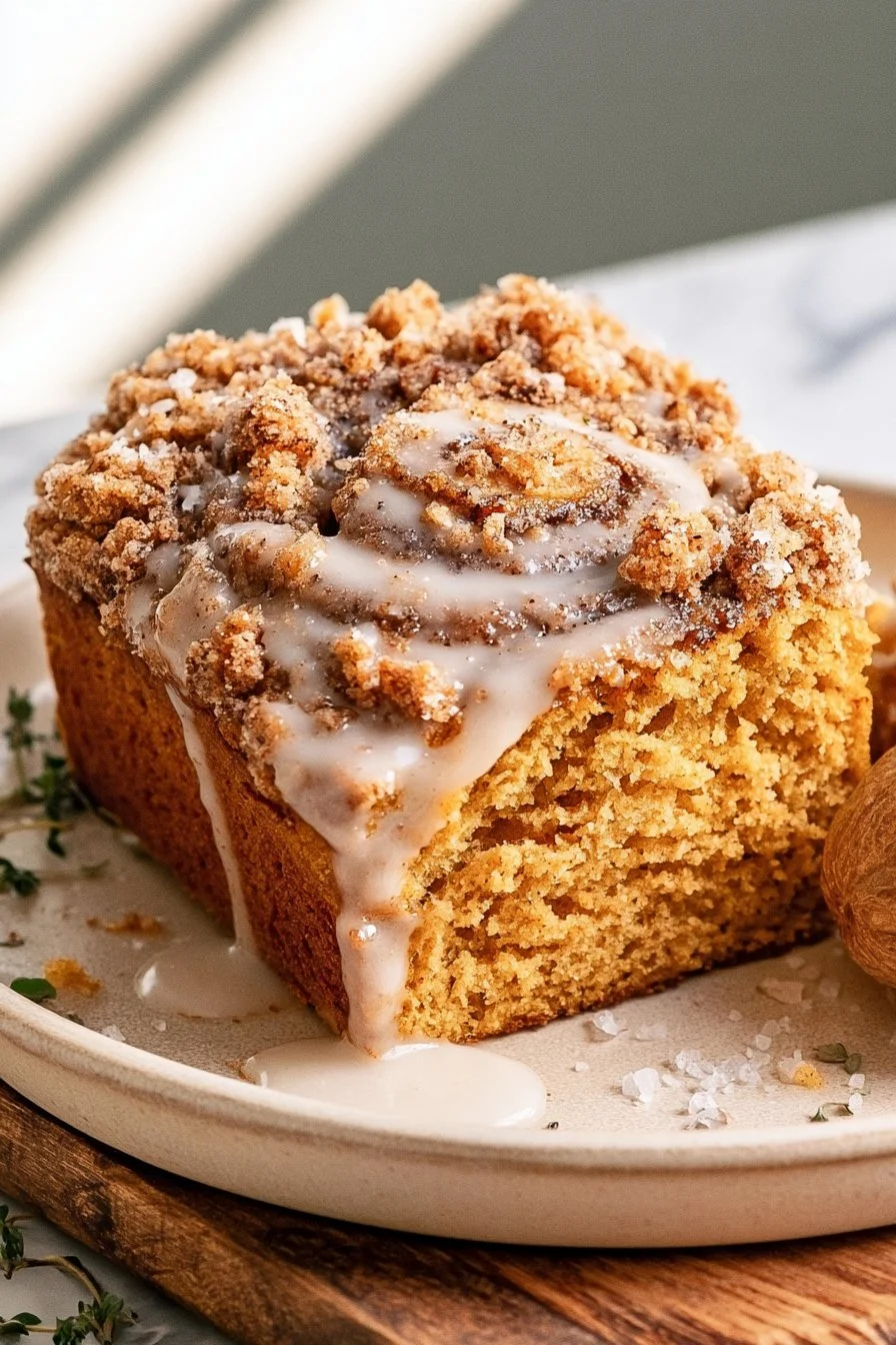Slice of pumpkin fritter coffee cake with cinnamon swirl and glaze on a plate.