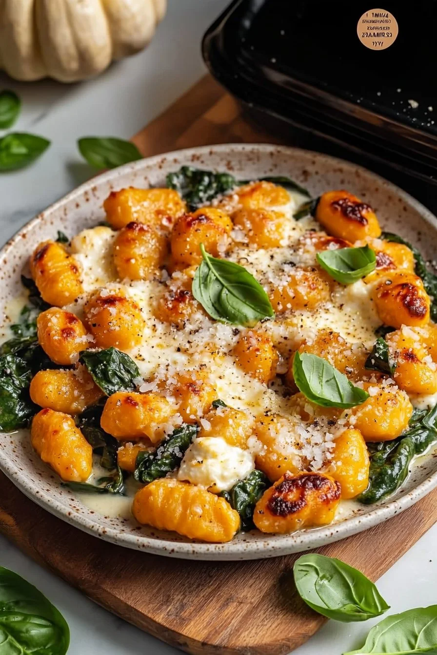 Delicious Pumpkin Gnocchi Bake topped with cheese and herbs