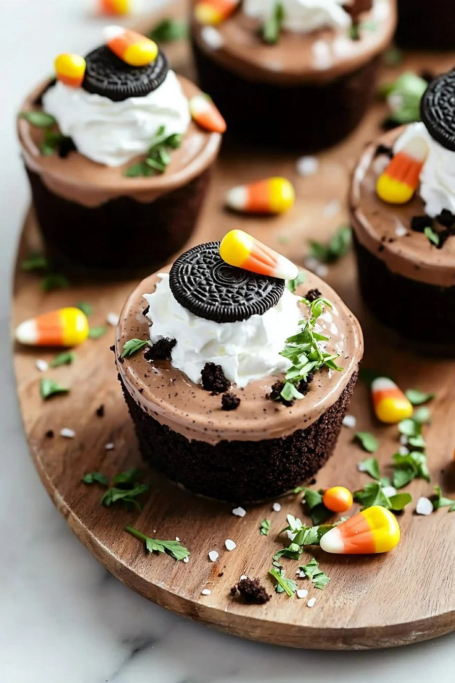 Colorful Pumpkin Patch Dirt Cups decorated with candy pumpkins and chocolate