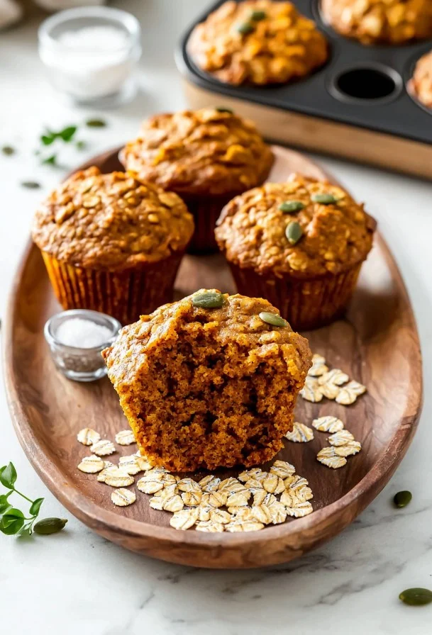 Pumpkin protein muffins made with canned pumpkin and oats on a wooden table