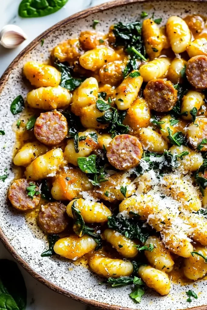 Delicious Pumpkin Sausage Gnocchi garnished with herbs and spices