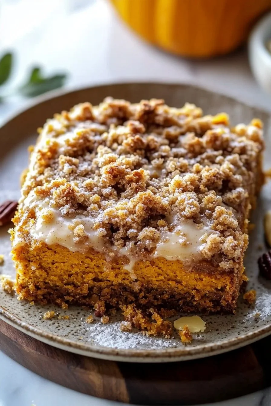 Slice of Pumpkin Streusel Coffee Cake with cinnamon streusel topping