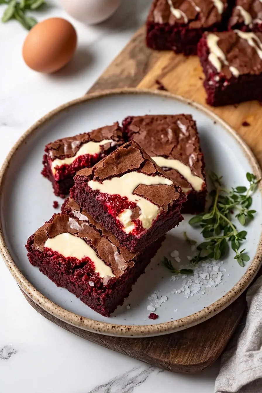 Red Velvet Brownies with a Fudgy Center and Cream Cheese Swirl