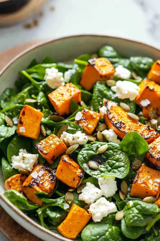 Roast pumpkin salad with spinach and feta in a bowl.