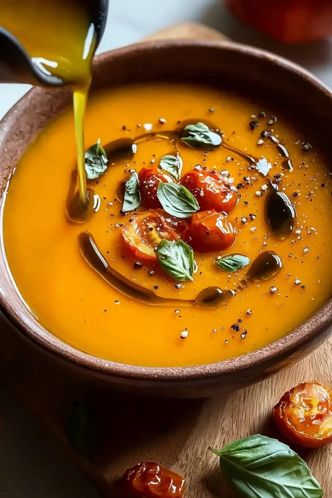 Bowl of roasted pumpkin tomato soup garnished with herbs and spices.