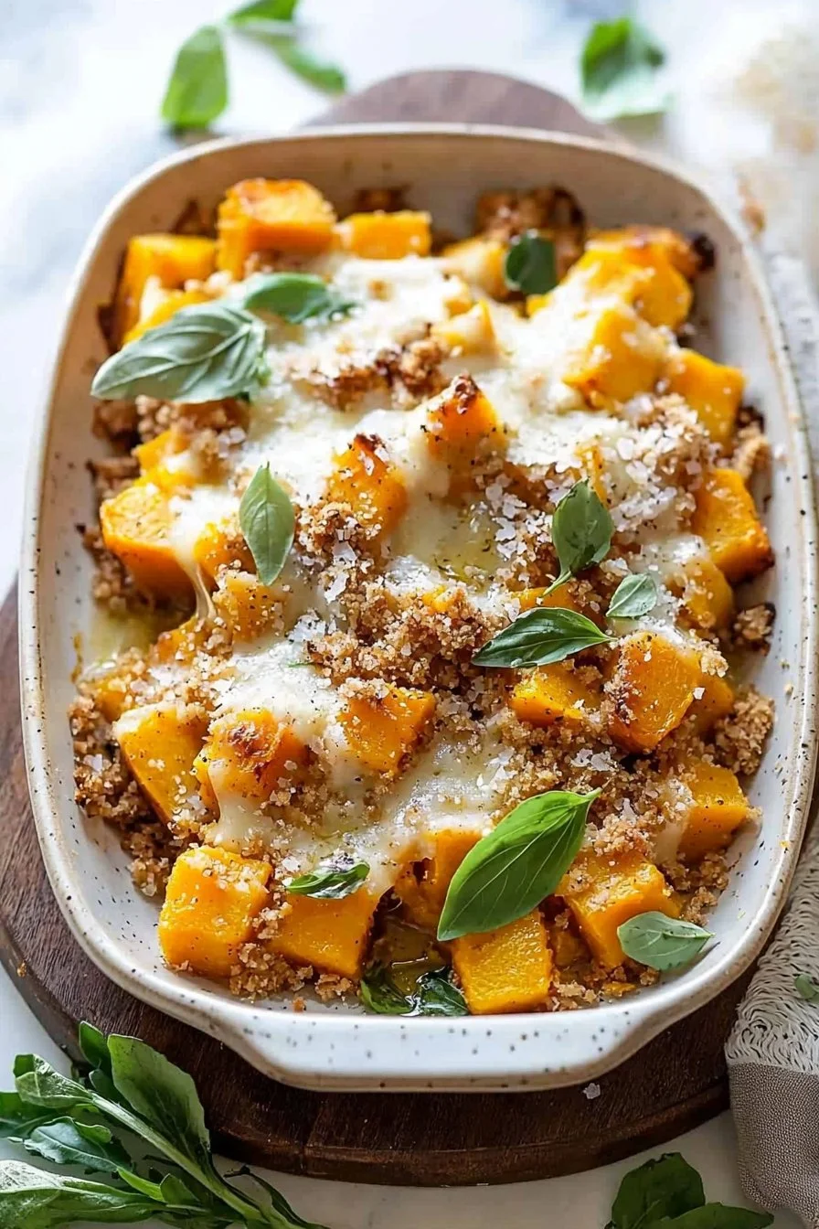 Savory Butternut Squash Casserole with herbs and toppings in a baking dish