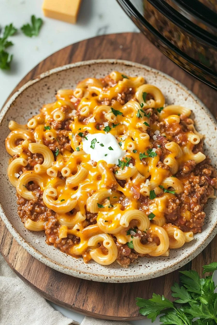 Slow Cooker Hamburger Helper with ground beef and pasta in a bowl