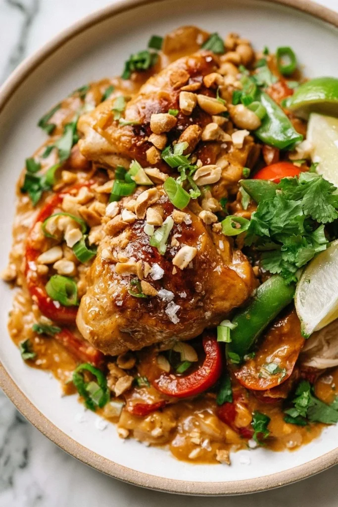 Slow cooker peanut chicken served in a creamy peanut sauce with vegetables