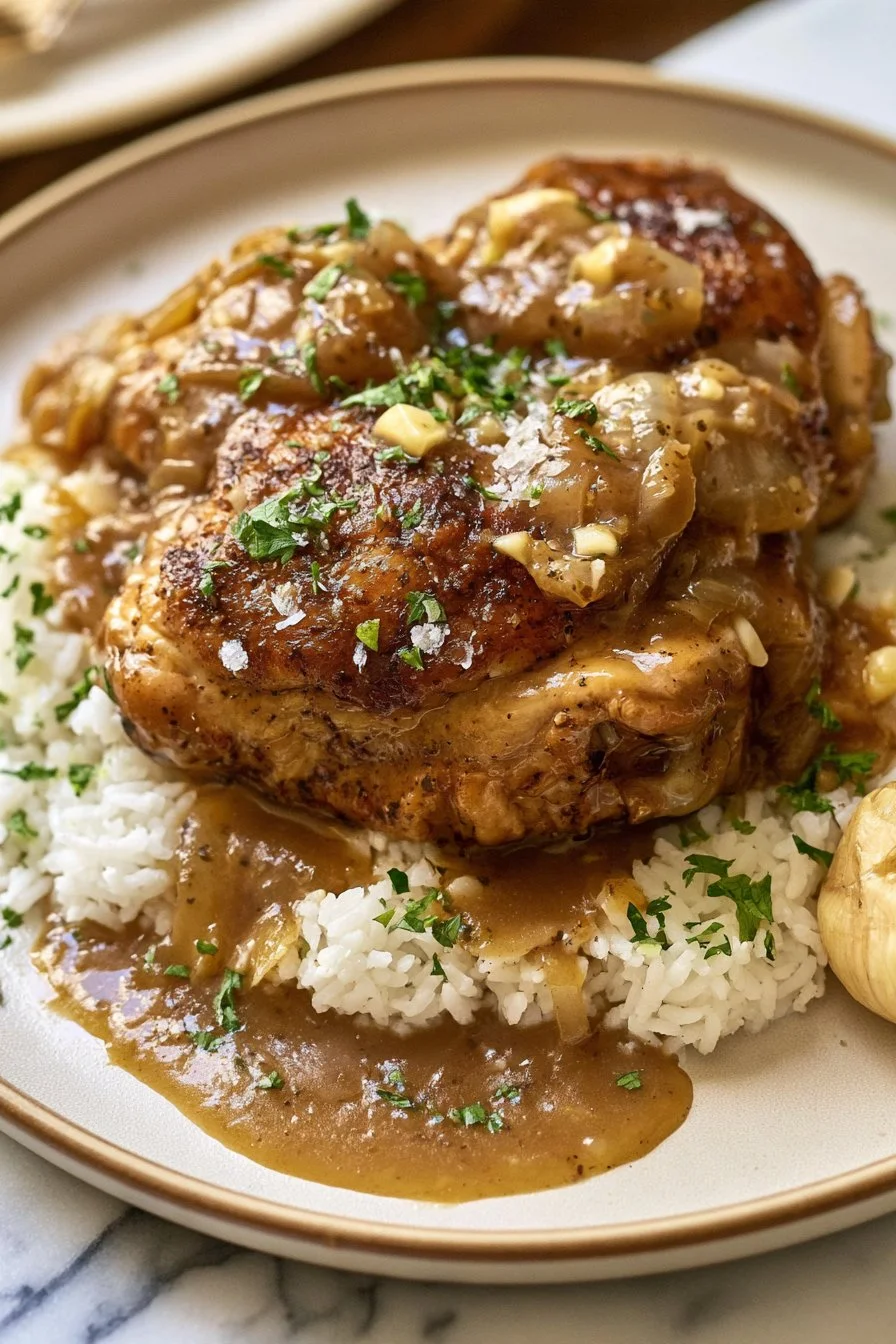Smothered Chicken in a Rich Onion Gravy Served Over Rice