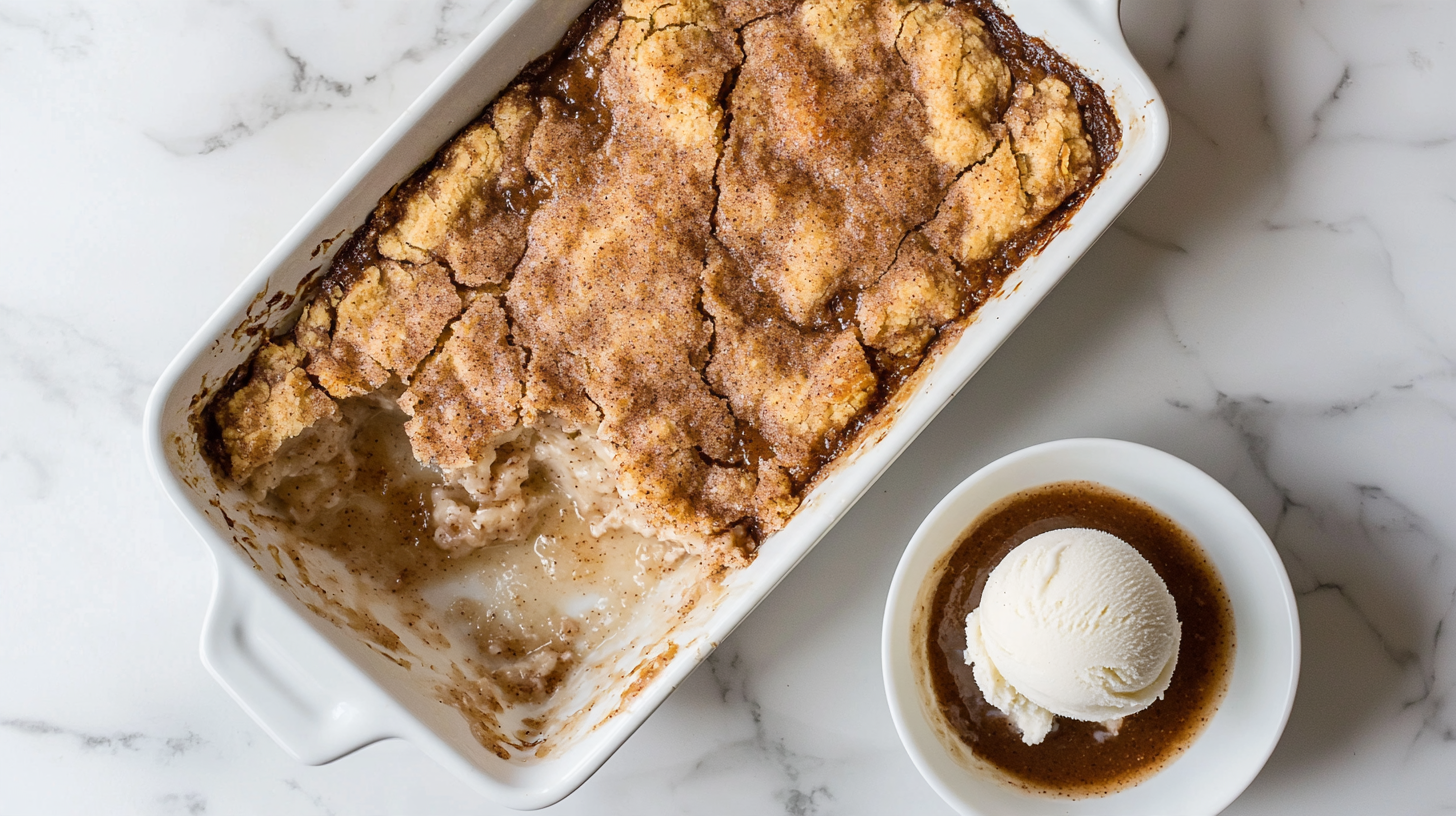 Snickerdoodle cobbler in a white 9x13 baking dish with a corner scooped out, next to a bowl of cinnamon sauce and vanilla ice cream