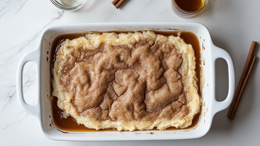 Unbaked snickerdoodle cobbler in the white baking dish, batter topped with brown sugar, cinnamon and a layer of hot liquid, ready for the oven