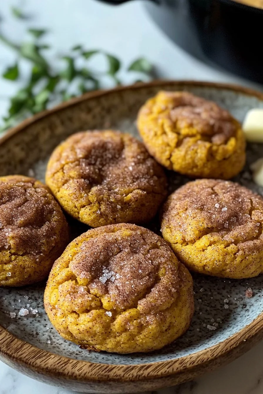 Soft and chewy pumpkin snickerdoodles on a plate, sprinkled with cinnamon sugar