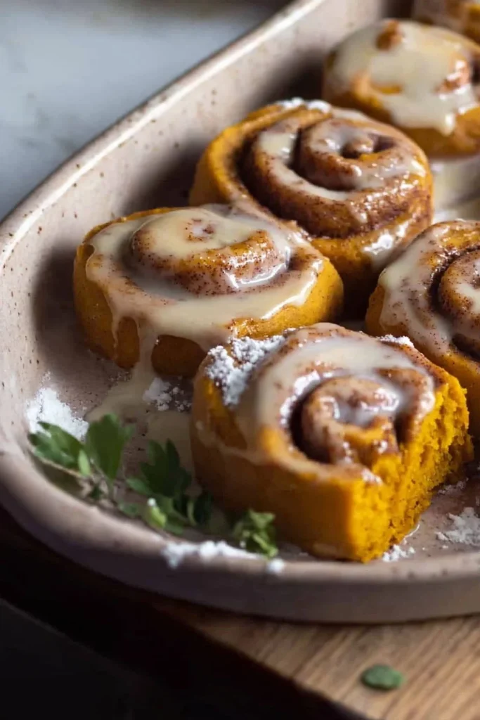 Soft pumpkin cinnamon rolls topped with creamy frosting, perfect for autumn indulgence.