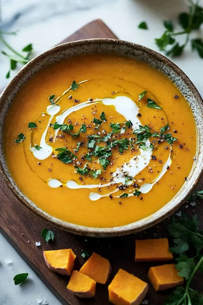 Bowl of spicy butternut squash sweet potato soup garnished with herbs.