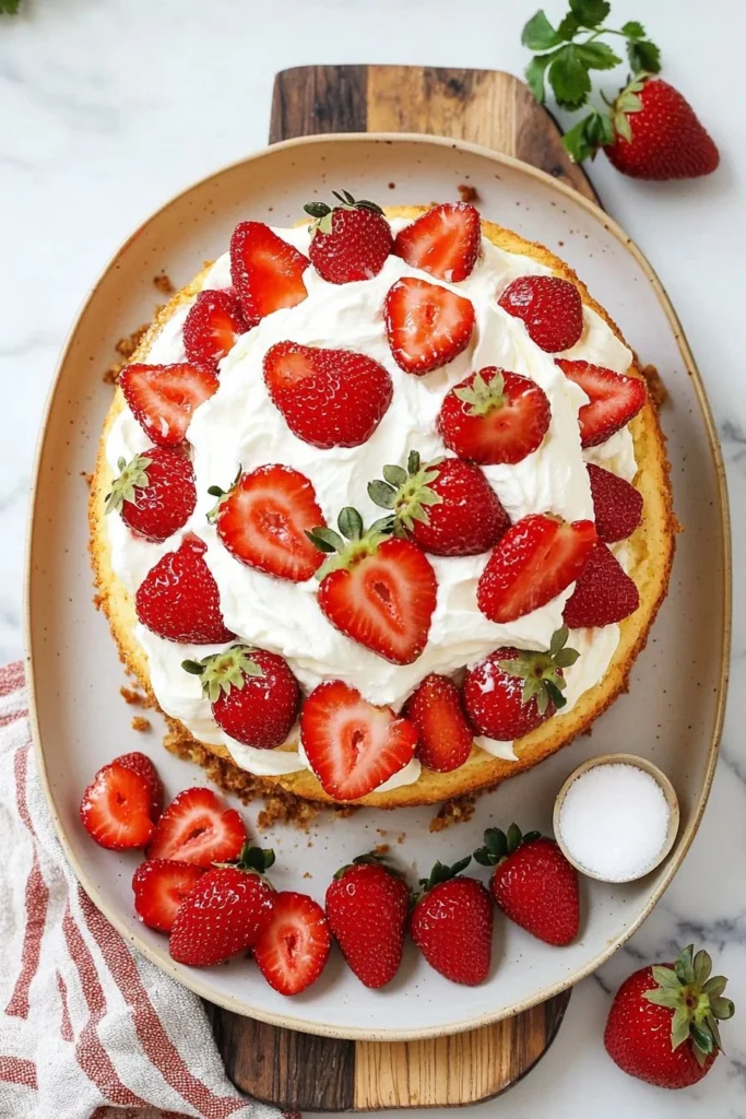 Strawberry shortcake garnished with fresh berries and whipped cream on a plate.