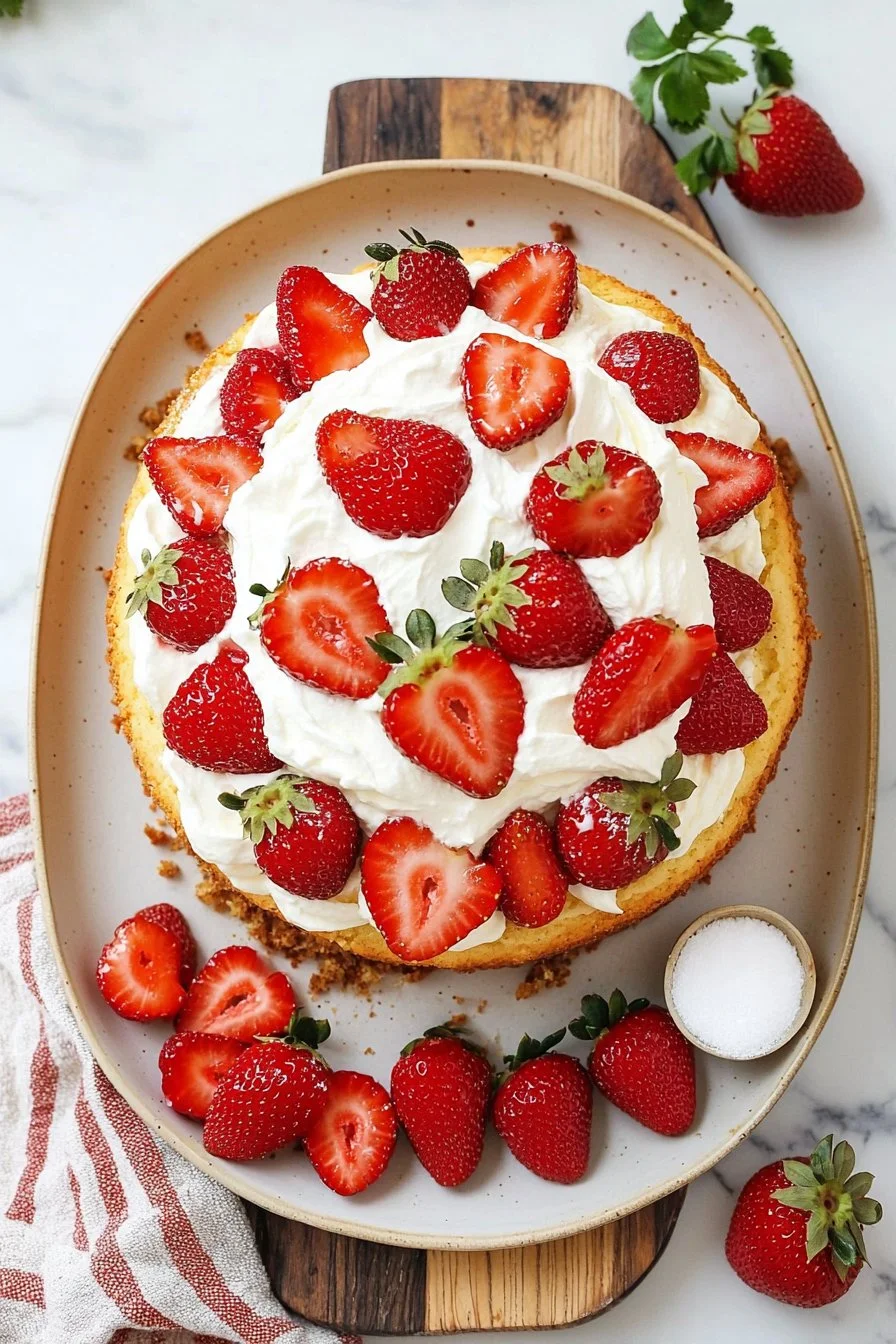 Strawberry shortcake garnished with fresh berries and whipped cream on a plate.