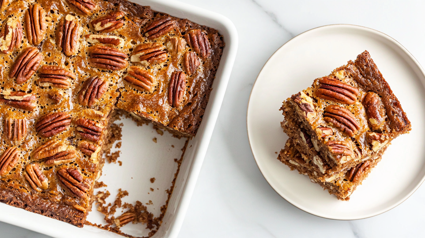 Sweet Alabama pecan bread cut into squares in a plain white baking dish, with stacked squares on a small white plate